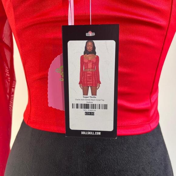 Dolls Kill Sugar Thrillz Red Charm and Cherish Mesh Corset Top Medium NWT - Picture 4 of 5